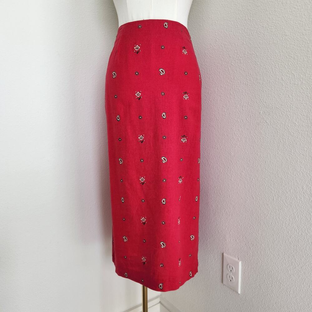 Vintage 90s Red Western Print Midi Skirt High Waisted Linen Blend David Brooks 8